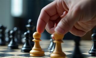 Mano moviendo una ficha de ajedrez en un tablero, representando estrategia en consultoría de RRHH