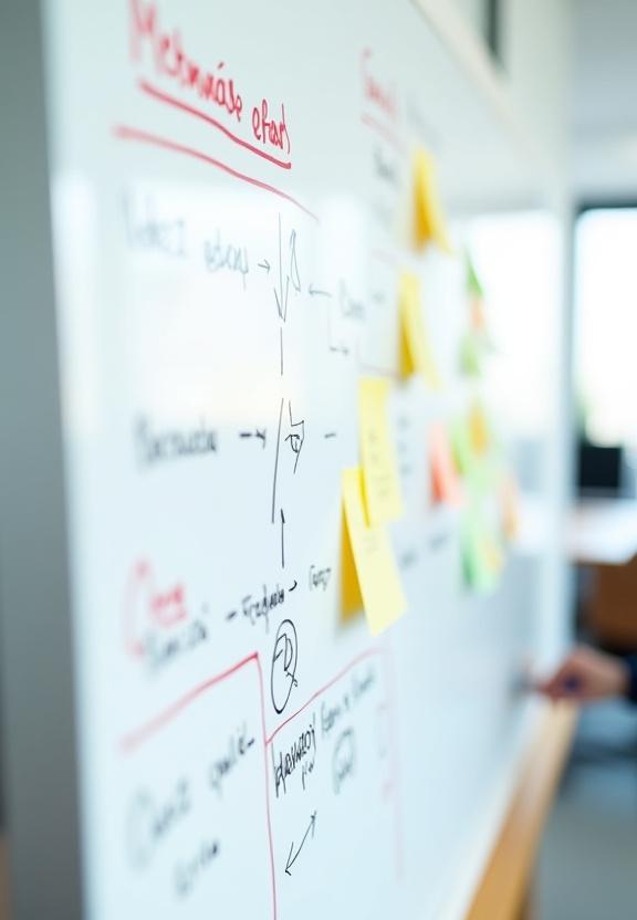 Pizarra con esquemas de flujo de trabajo y notas adhesivas en español