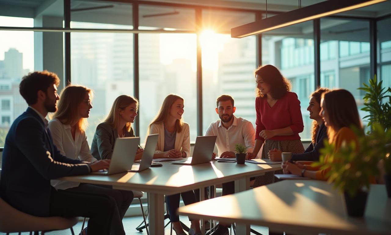 Equipo de trabajo diverso colaborando en una oficina luminosa en Madrid